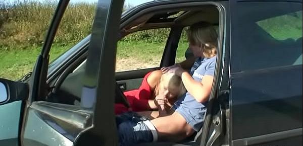Old bitch gives head in the car then doggystyled